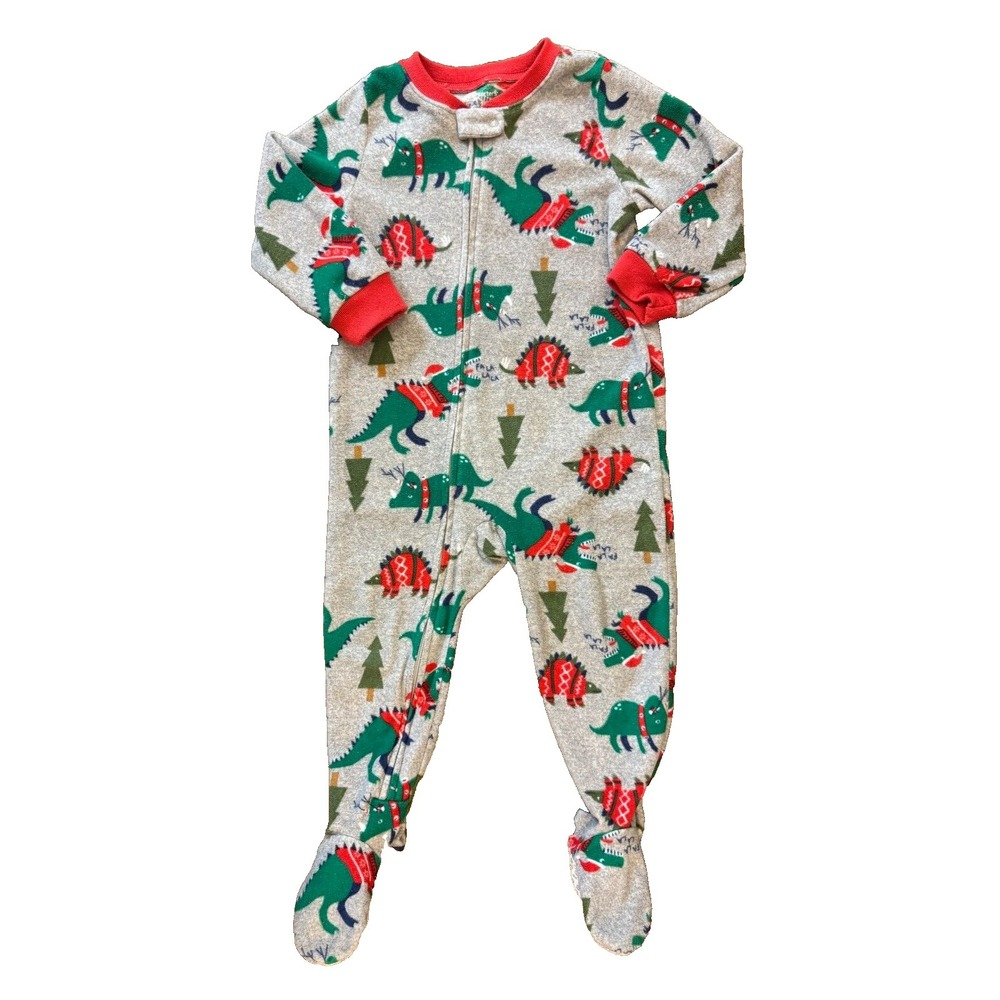 Carters Holiday Pajamas Boys 2T‎ Christmas Dinosaur Footed Fleece PJs Sleeper